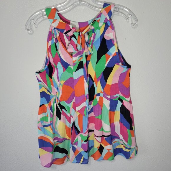 Ninety Clothing Sleeveless Pleated Tie Back Blouse Multi-Color Small - Picture 3 of 9